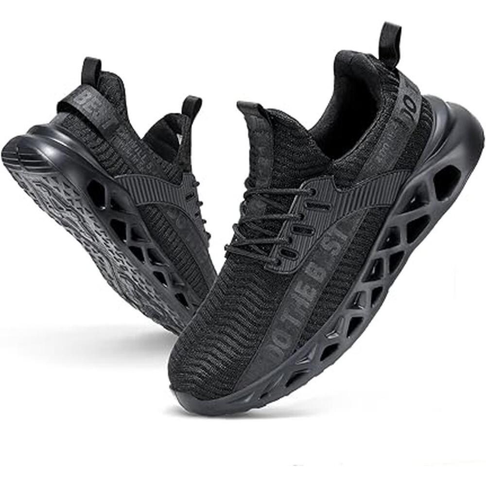 Furuian Mens Size 8.5 Wide Black Work Shoes Lace Up Round Steel Toe Shoes